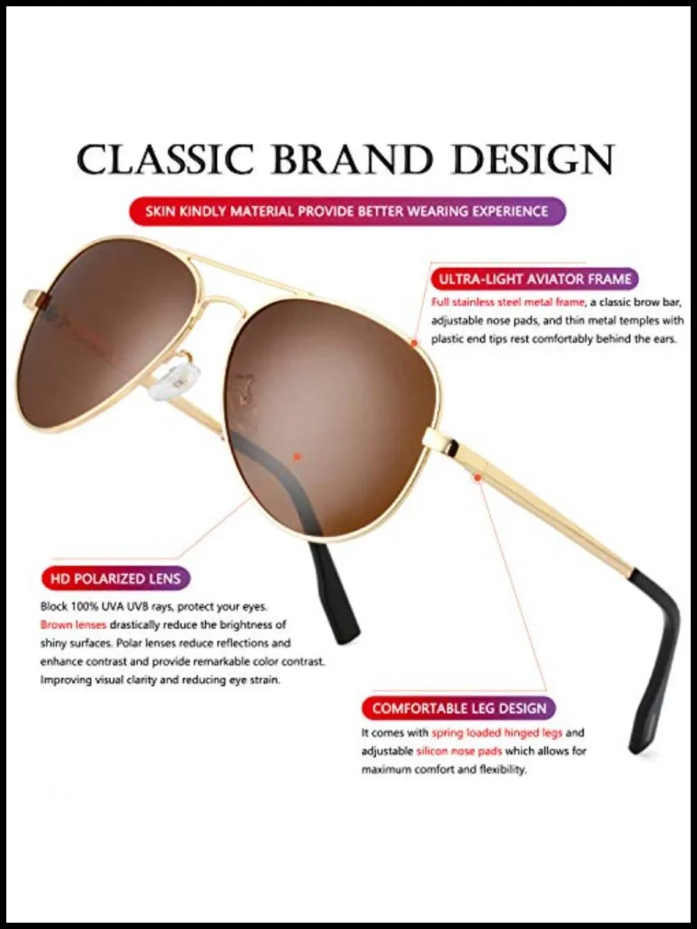 Classic Aviator Polarized Sunglasses Metal Frame UV400 Protection Spring Hinge